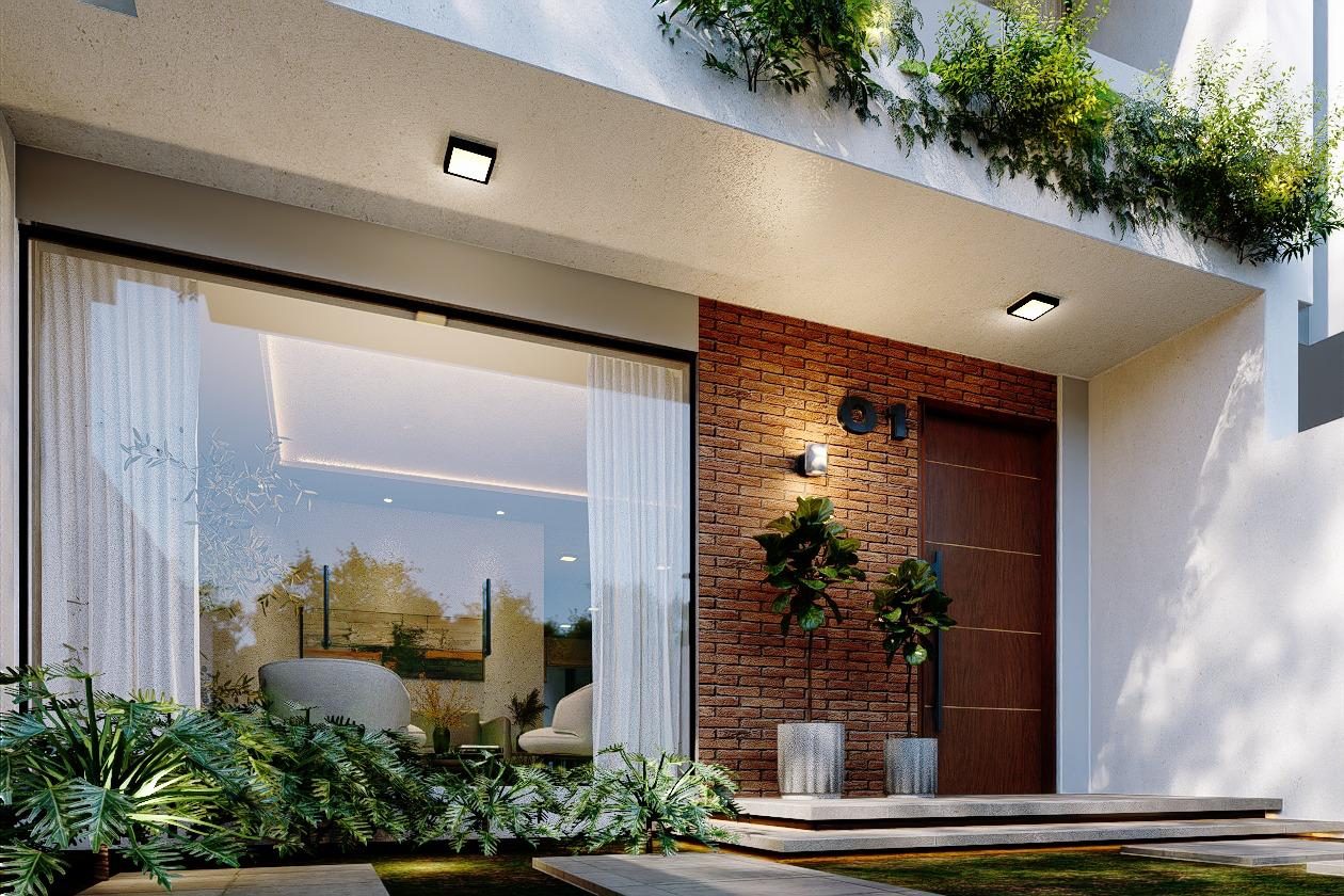 Fachada y jardín del proyecto residencial en Asunción